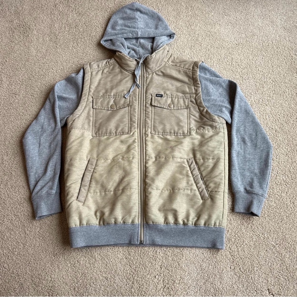 RVCA Two-Tone Hooded Zip Jacket in Tan & Gray